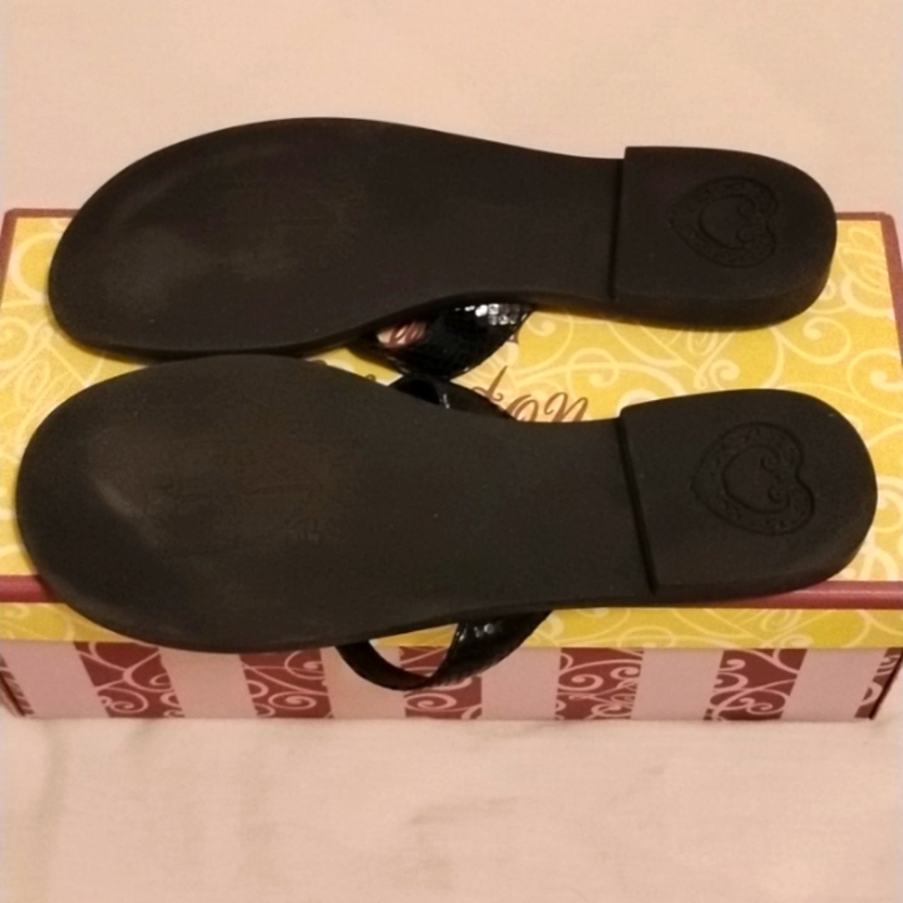 Brighton Orla Snake Print Black Leather Heart Thong Flip Flop Sandals Size 7 - Picture 4 of 5